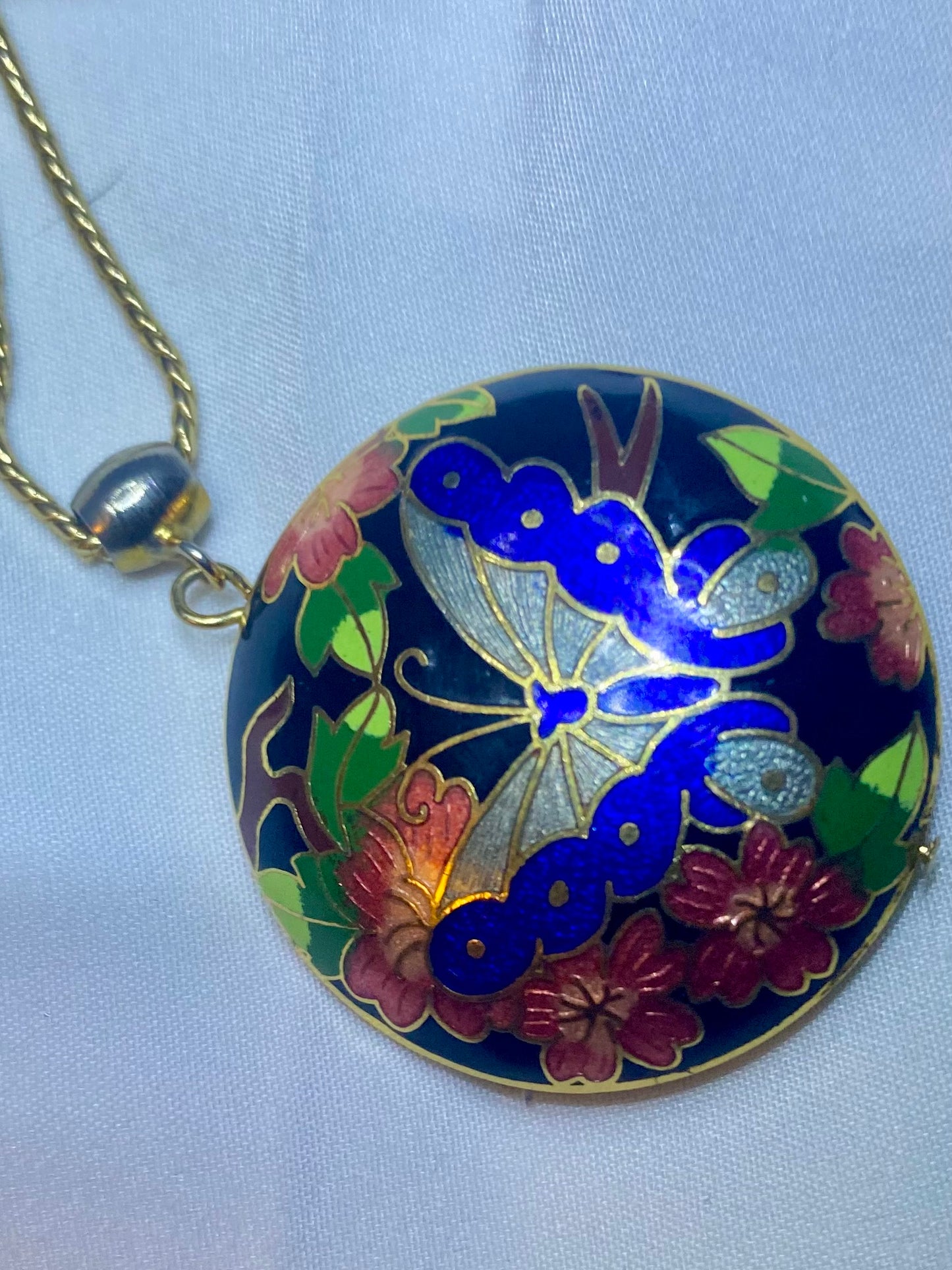 Vintage Gold Tone & Blue Cloisonné Enamel Butterfly & Flower Domed Large Statement Necklace