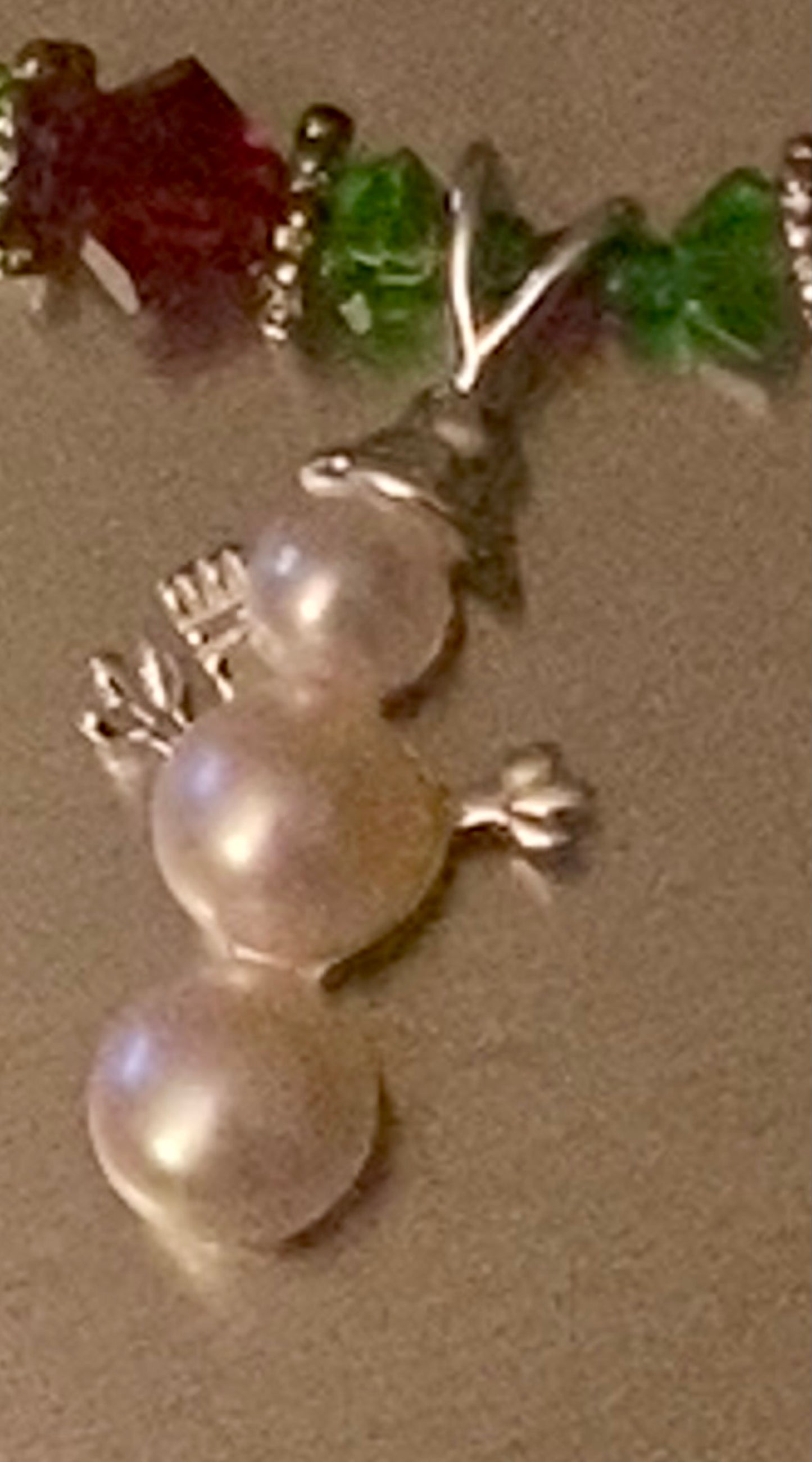 Snowman made of (3) Cultured Pearls, Sterling Silver (925), and Crystal Christmas Beads.