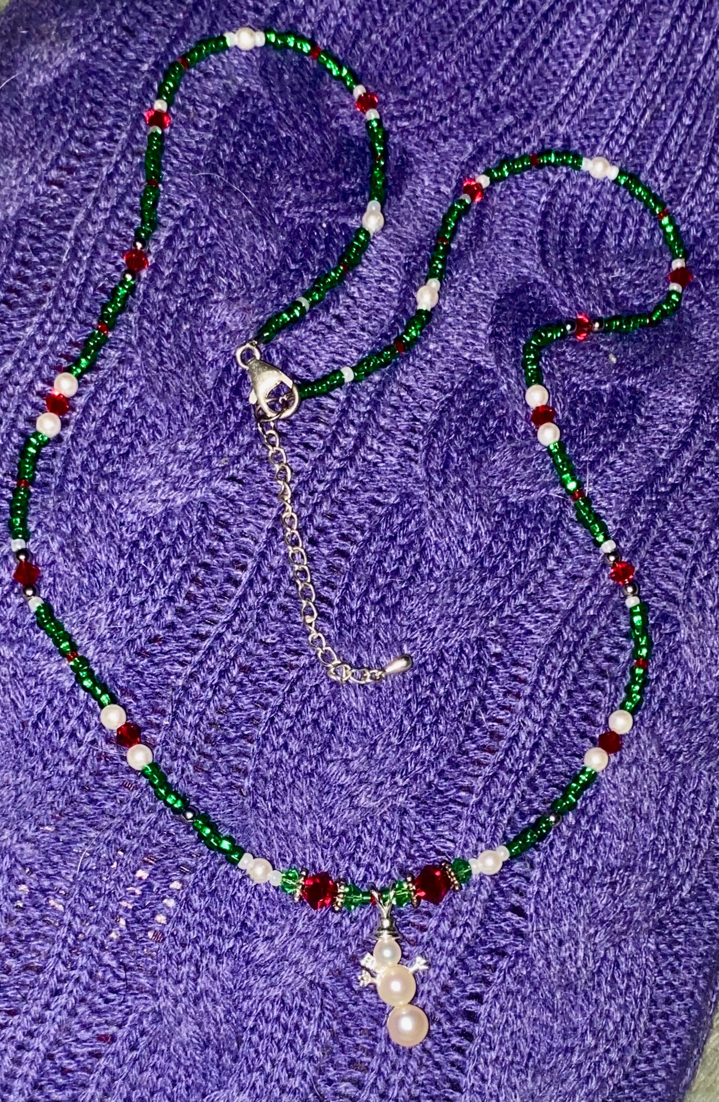 Snowman made of (3) Cultured Pearls, Sterling Silver (925), and Crystal Christmas Beads.