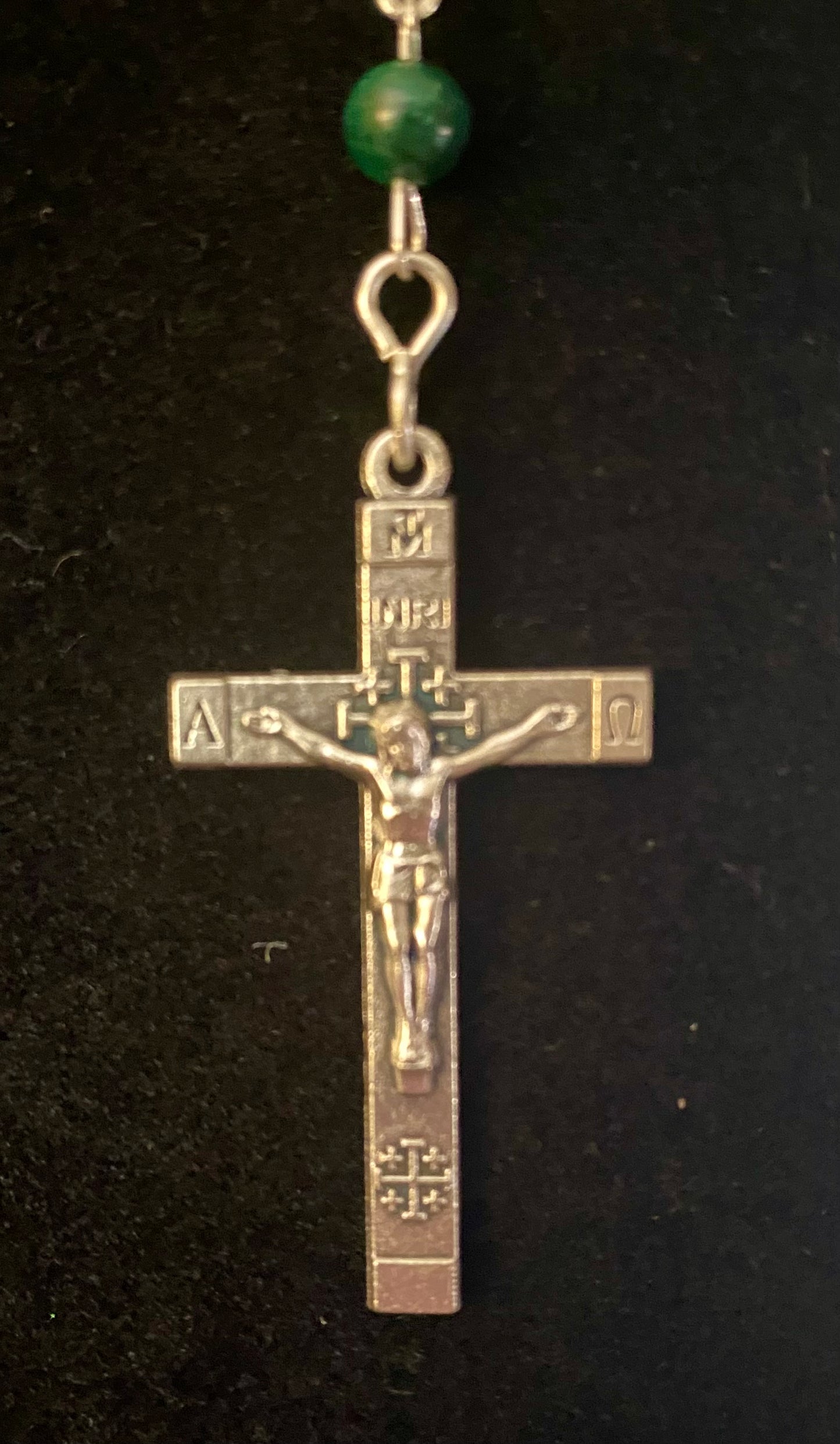 Vintage Sterling Silver, Malachite Jerusalem Rosary Necklace