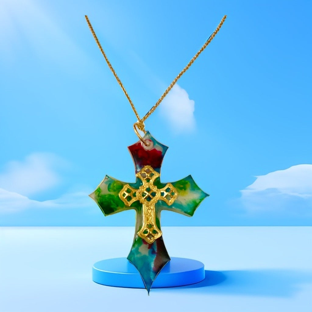 Handmade Resin Cross Necklace w/Gold inlay & chain