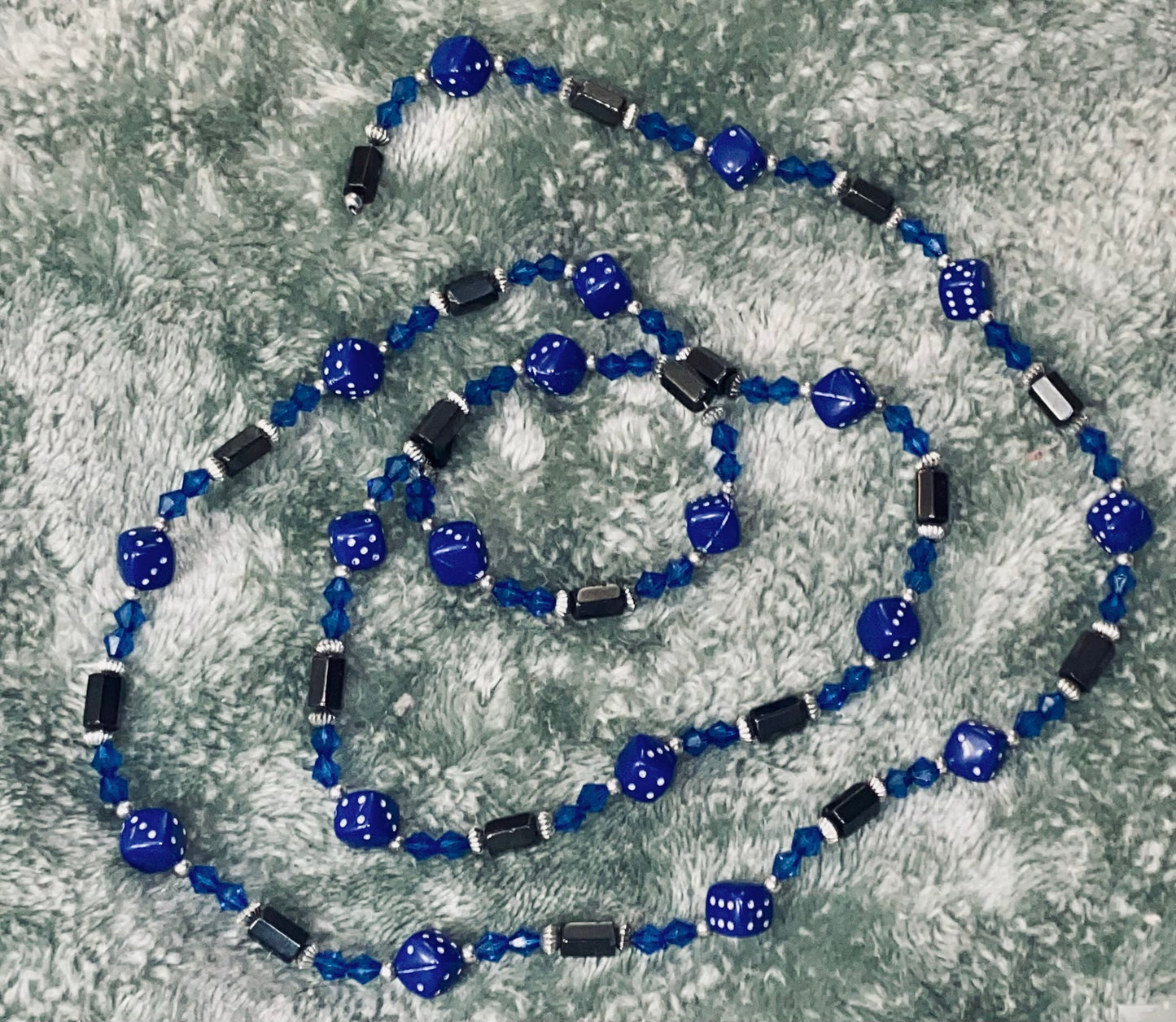 Dice Necklace. Blue, w/Magnet beads.