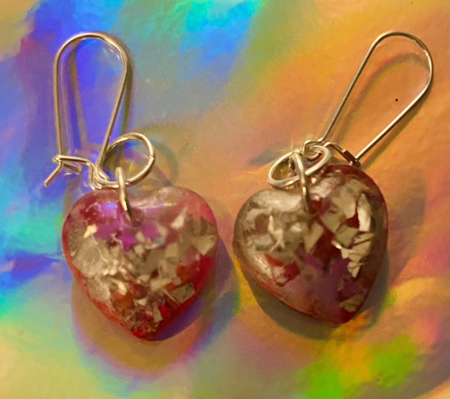 Handmade Resin Heart Wire Earrings w/Silver Plated Wires & Findings