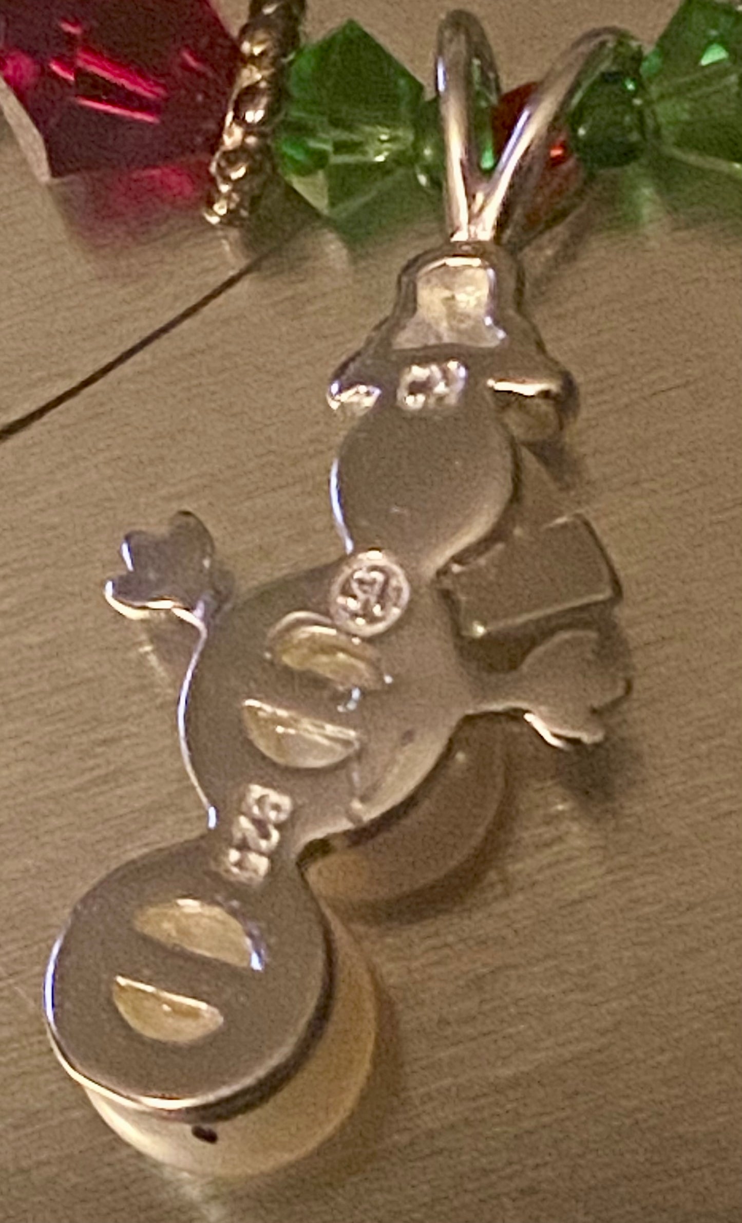 Snowman made of (3) Cultured Pearls, Sterling Silver (925), and Crystal Christmas Beads.