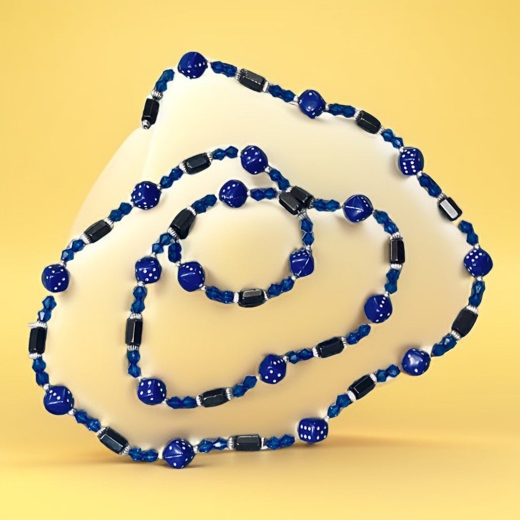 Dice Necklace. Blue, w/Magnet beads.