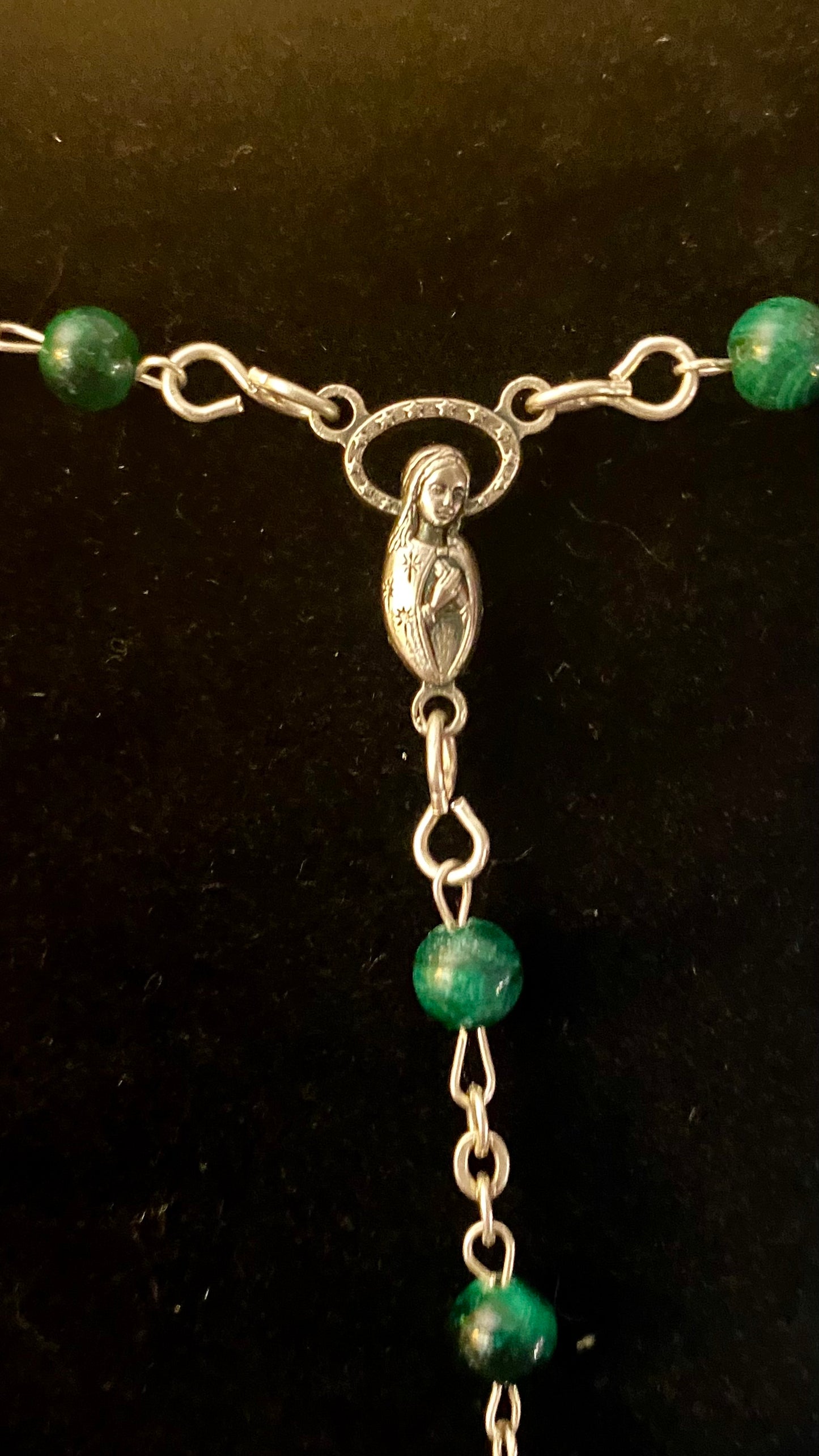 Vintage Sterling Silver, Malachite Jerusalem Rosary Necklace