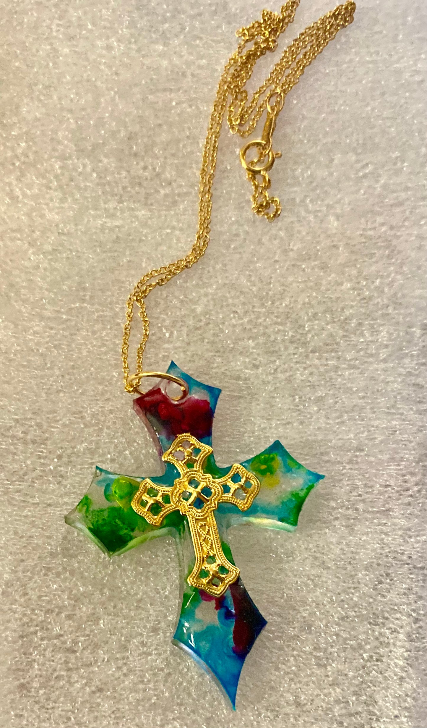 Handmade Resin Cross Necklace w/Gold inlay & chain