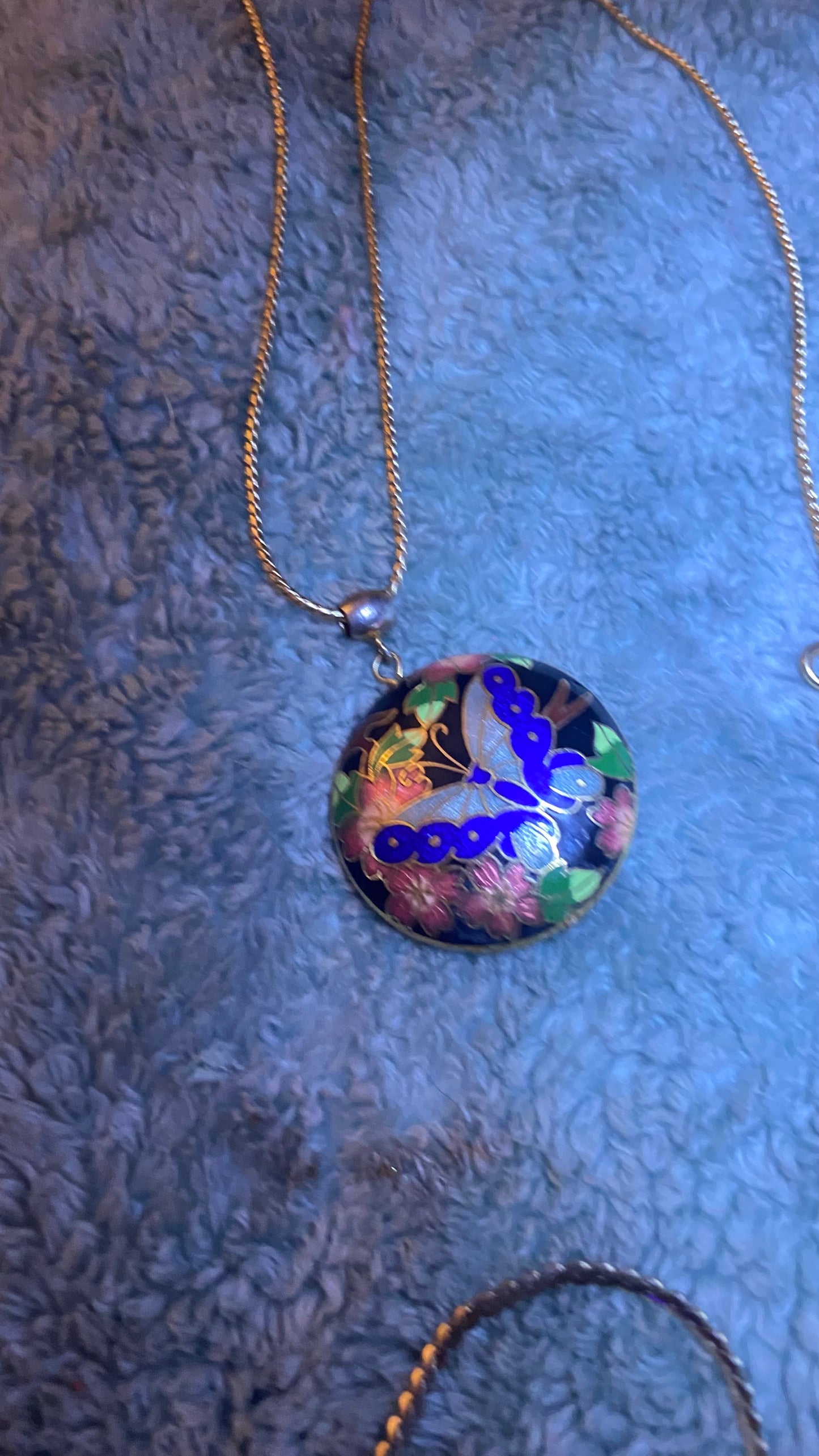 Vintage Gold Tone & Blue Cloisonné Enamel Butterfly & Flower Domed Large Statement Necklace