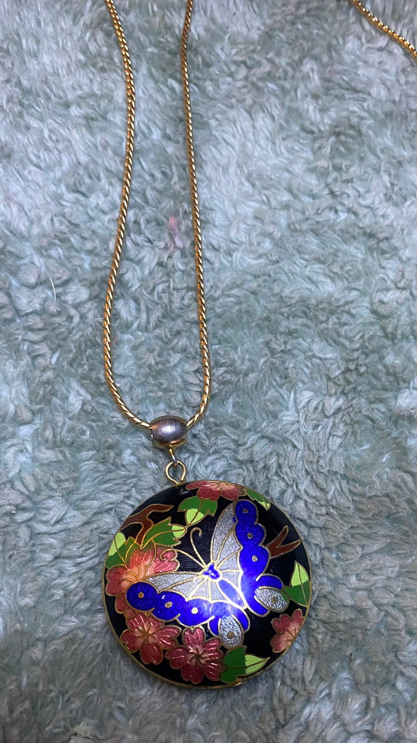 Vintage Gold Tone & Blue Cloisonné Enamel Butterfly & Flower Domed Large Statement Necklace