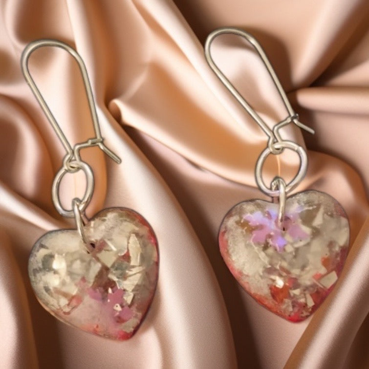 Handmade Resin Heart Wire Earrings w/Silver Plated Wires & Findings