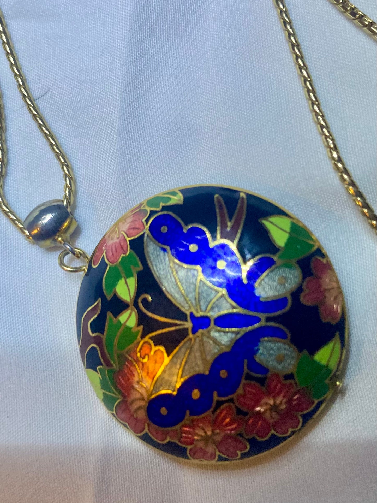 Vintage Gold Tone & Blue Cloisonné Enamel Butterfly & Flower Domed Large Statement Necklace