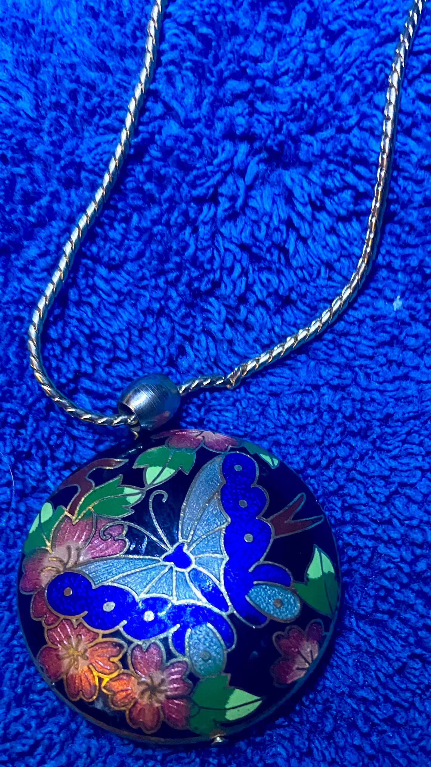 Vintage Gold Tone & Blue Cloisonné Enamel Butterfly & Flower Domed Large Statement Necklace