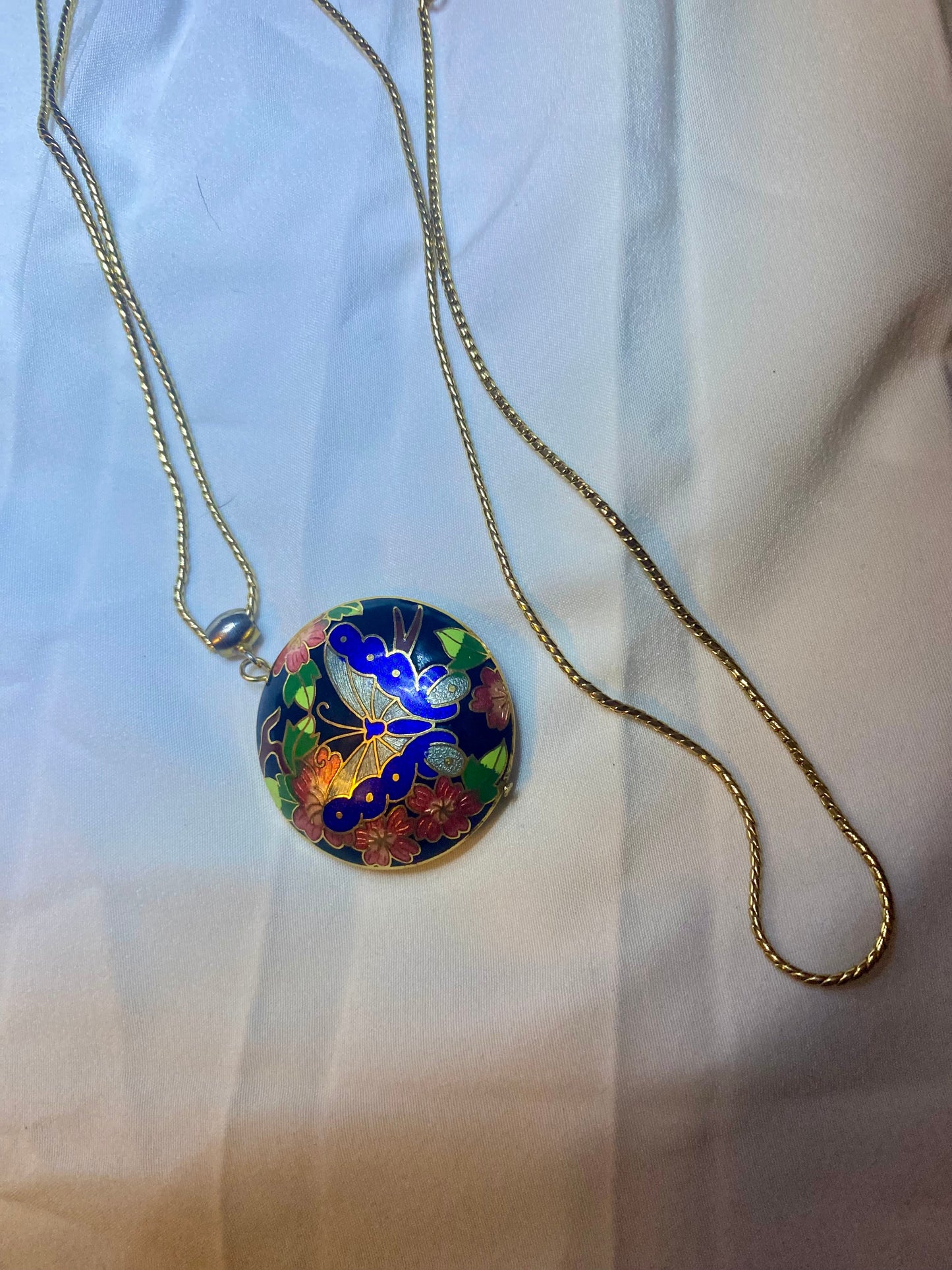 Vintage Gold Tone & Blue Cloisonné Enamel Butterfly & Flower Domed Large Statement Necklace