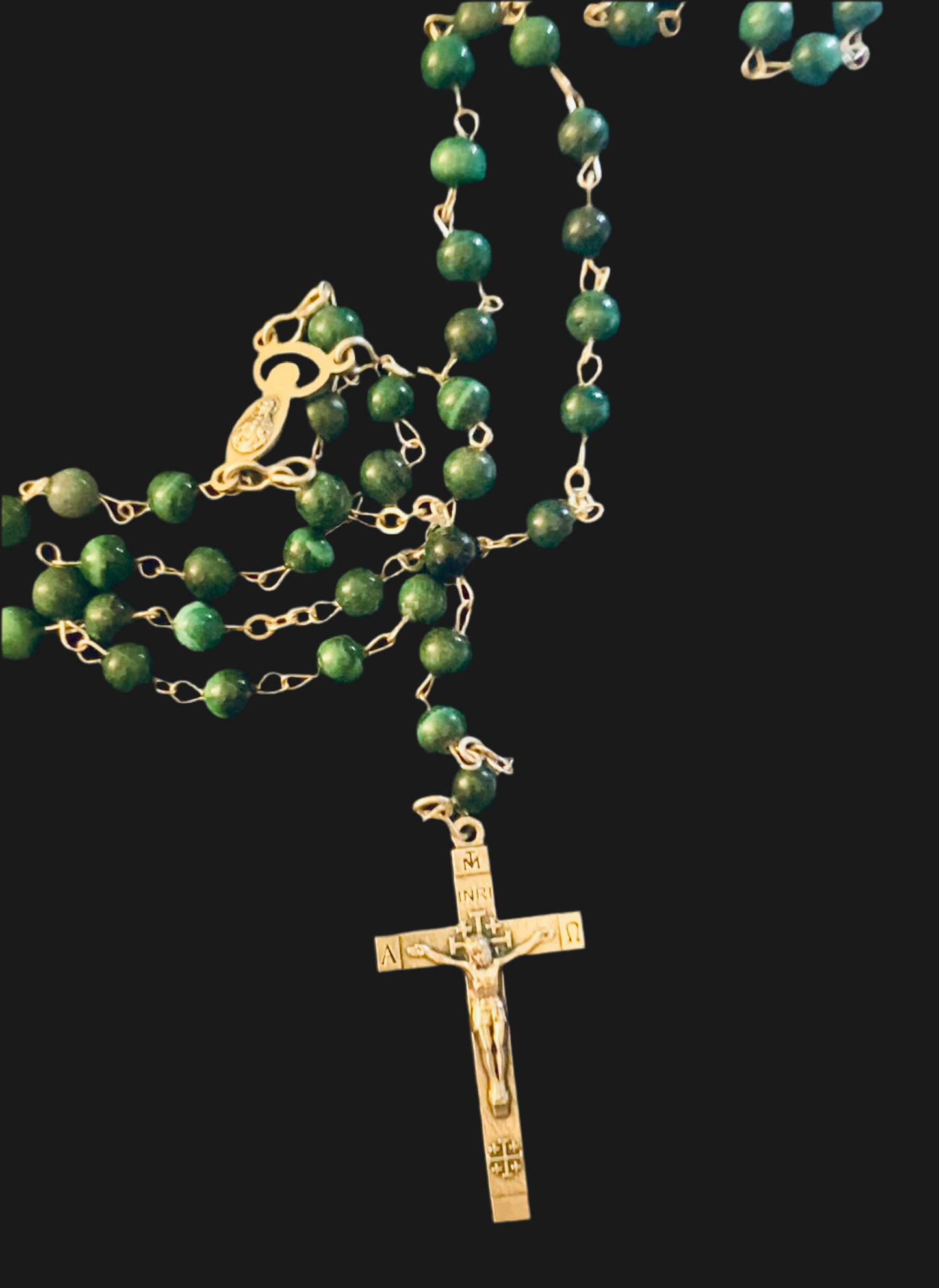 Vintage Sterling Silver, Malachite Jerusalem Rosary Necklace