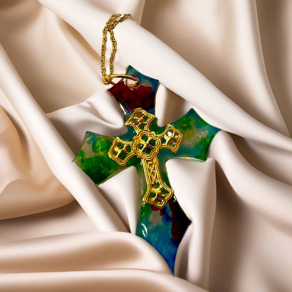 Handmade Resin Cross Necklace w/Gold inlay & chain