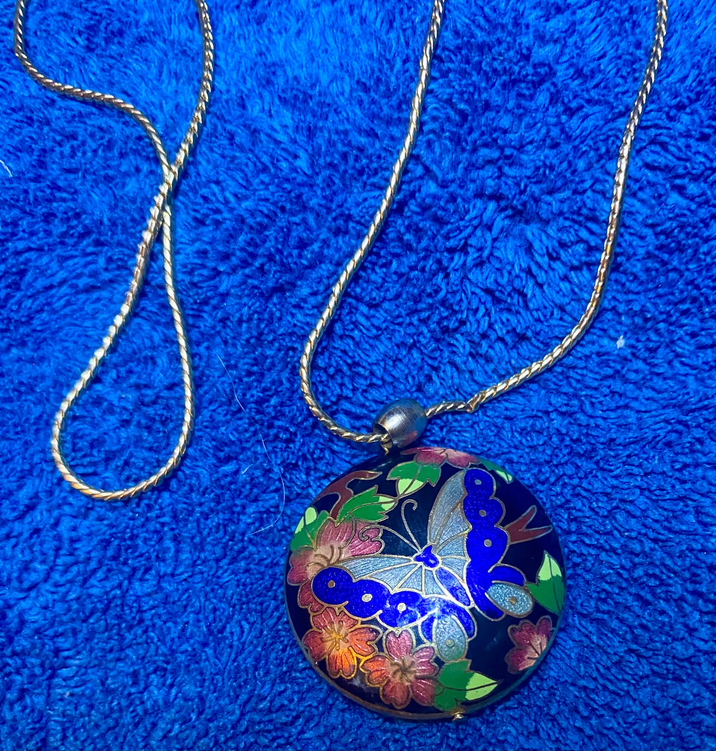 Vintage Gold Tone & Blue Cloisonné Enamel Butterfly & Flower Domed Large Statement Necklace