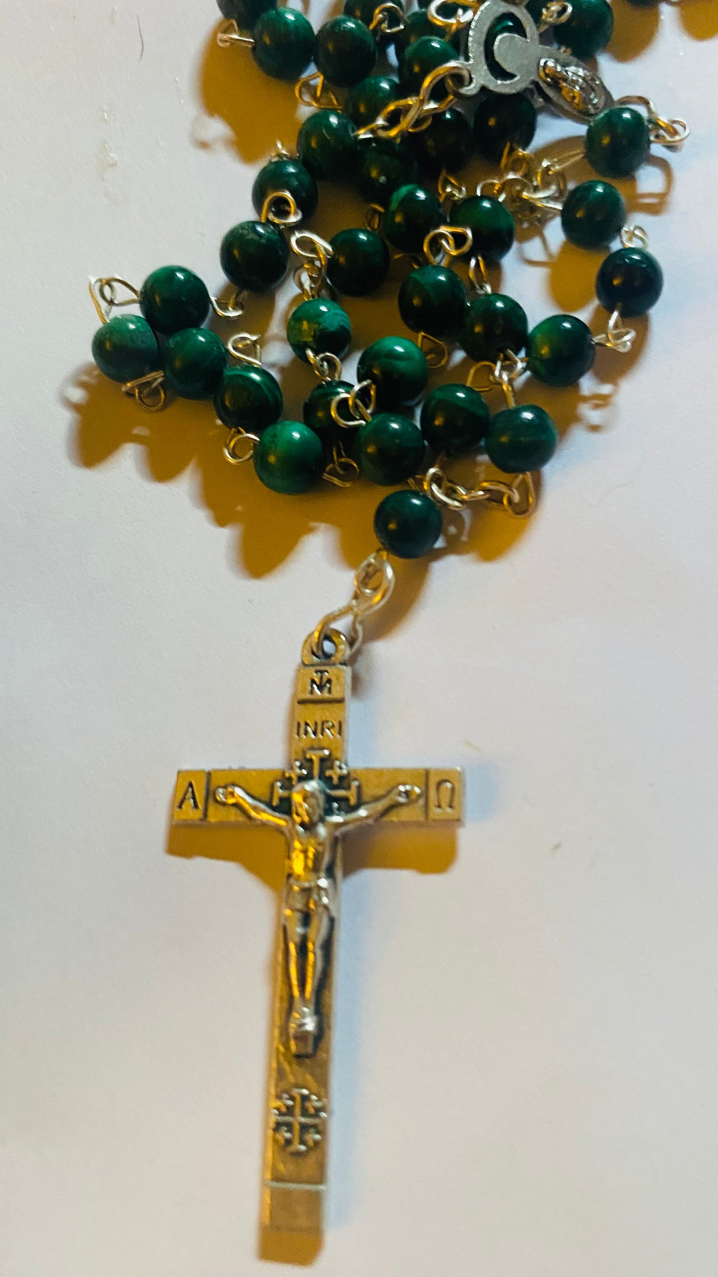Vintage Sterling Silver, Malachite Jerusalem Rosary Necklace