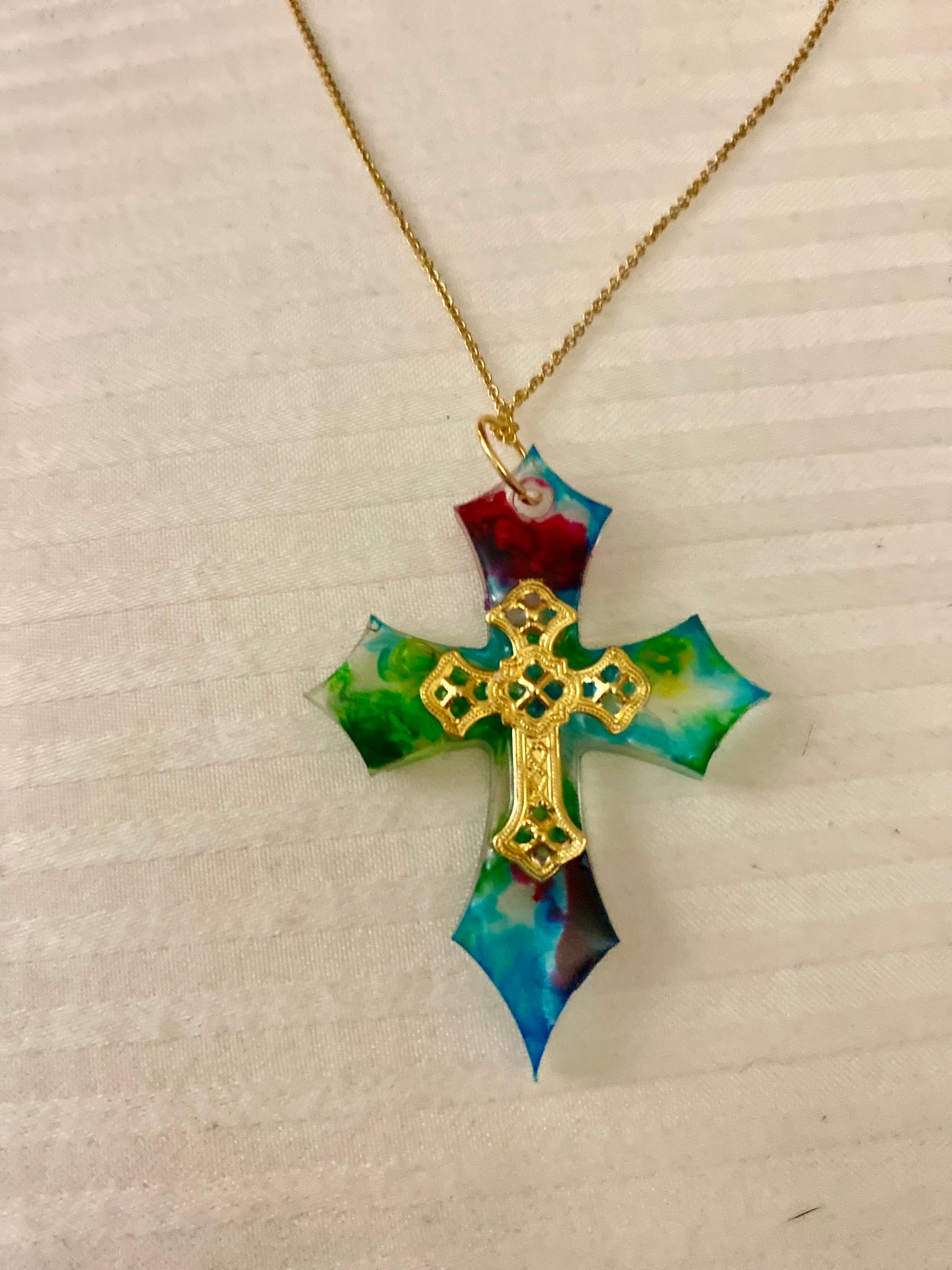 Handmade Resin Cross Necklace w/Gold inlay & chain