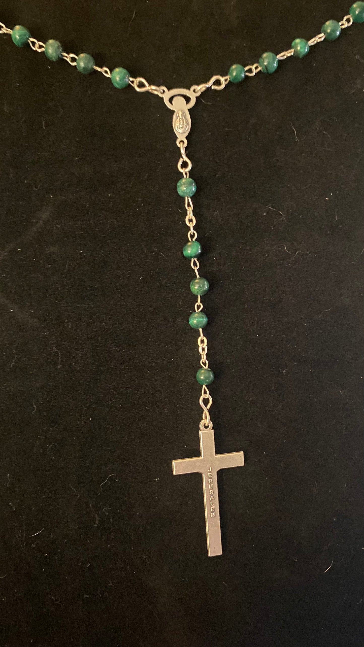 Vintage Sterling Silver, Malachite Jerusalem Rosary Necklace