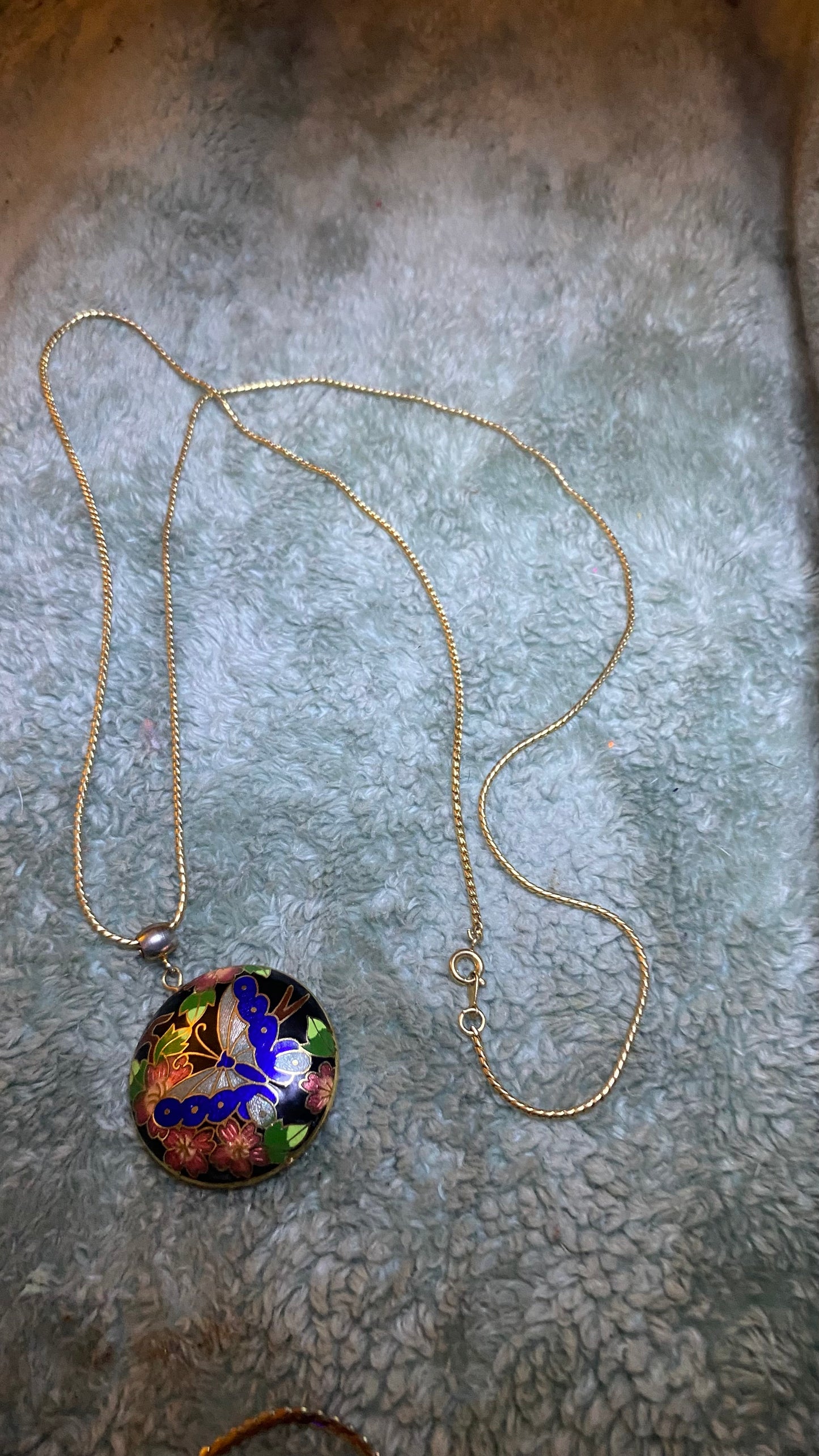 Vintage Gold Tone & Blue Cloisonné Enamel Butterfly & Flower Domed Large Statement Necklace