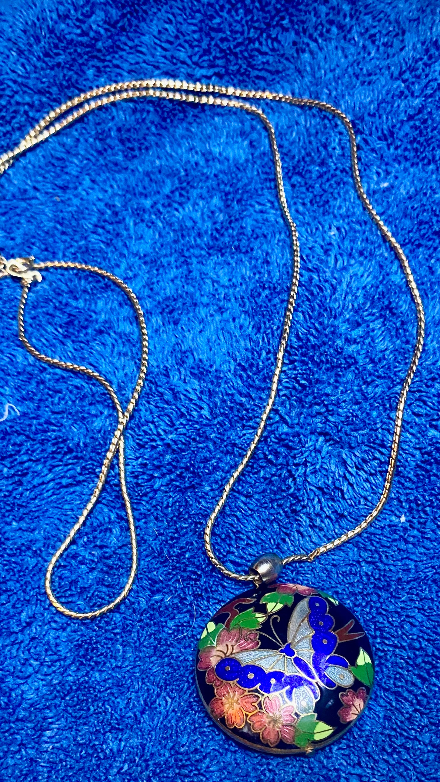 Vintage Gold Tone & Blue Cloisonné Enamel Butterfly & Flower Domed Large Statement Necklace