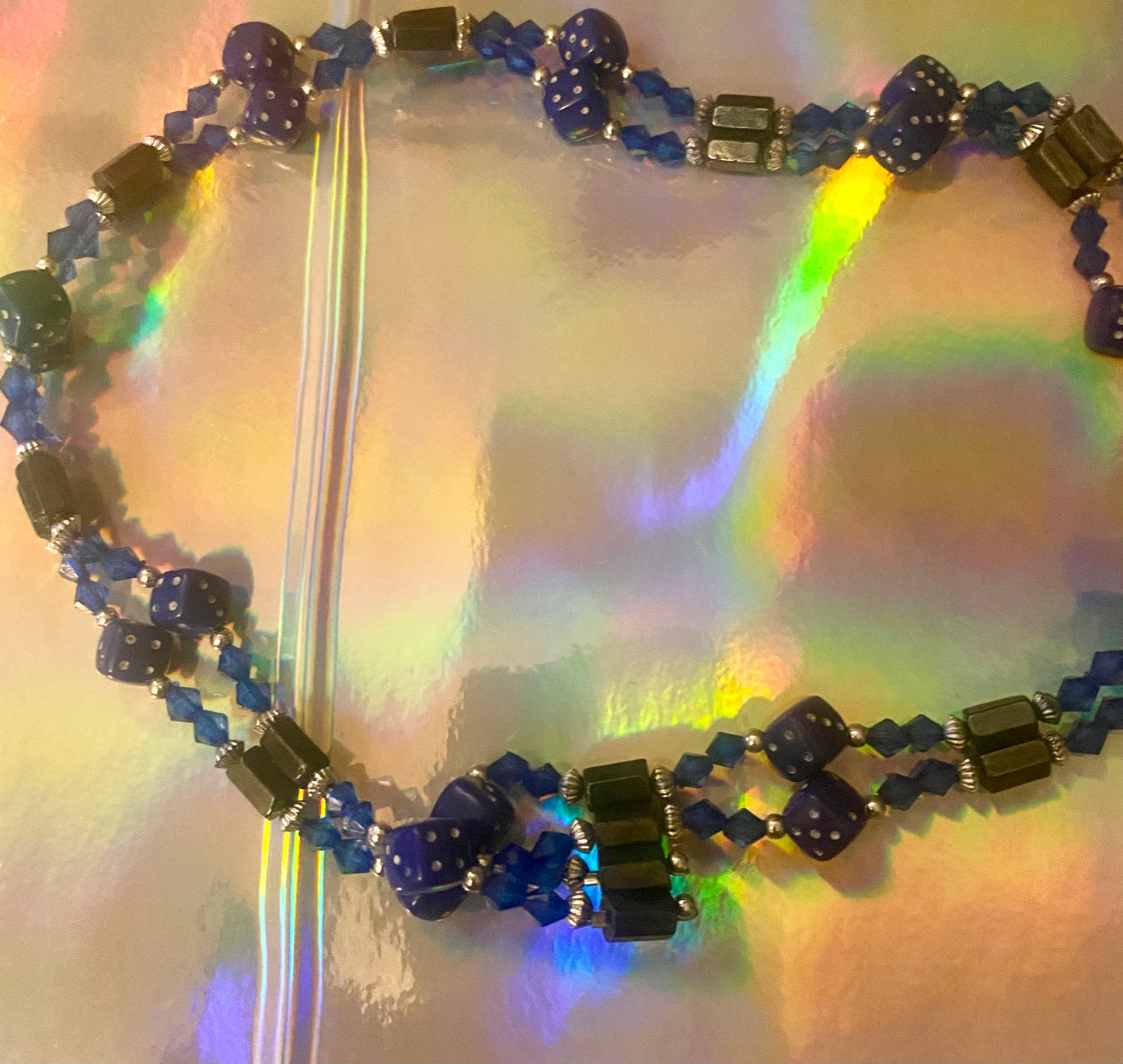 Dice Necklace. Blue, w/Magnet beads.