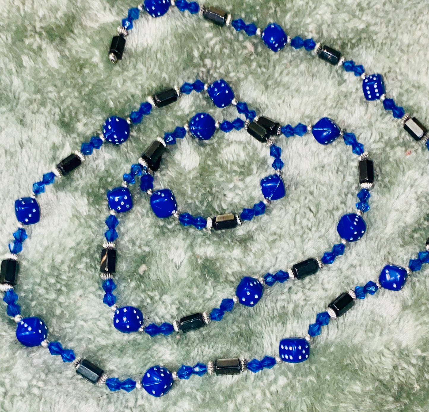 Dice Necklace. Blue, w/Magnet beads.