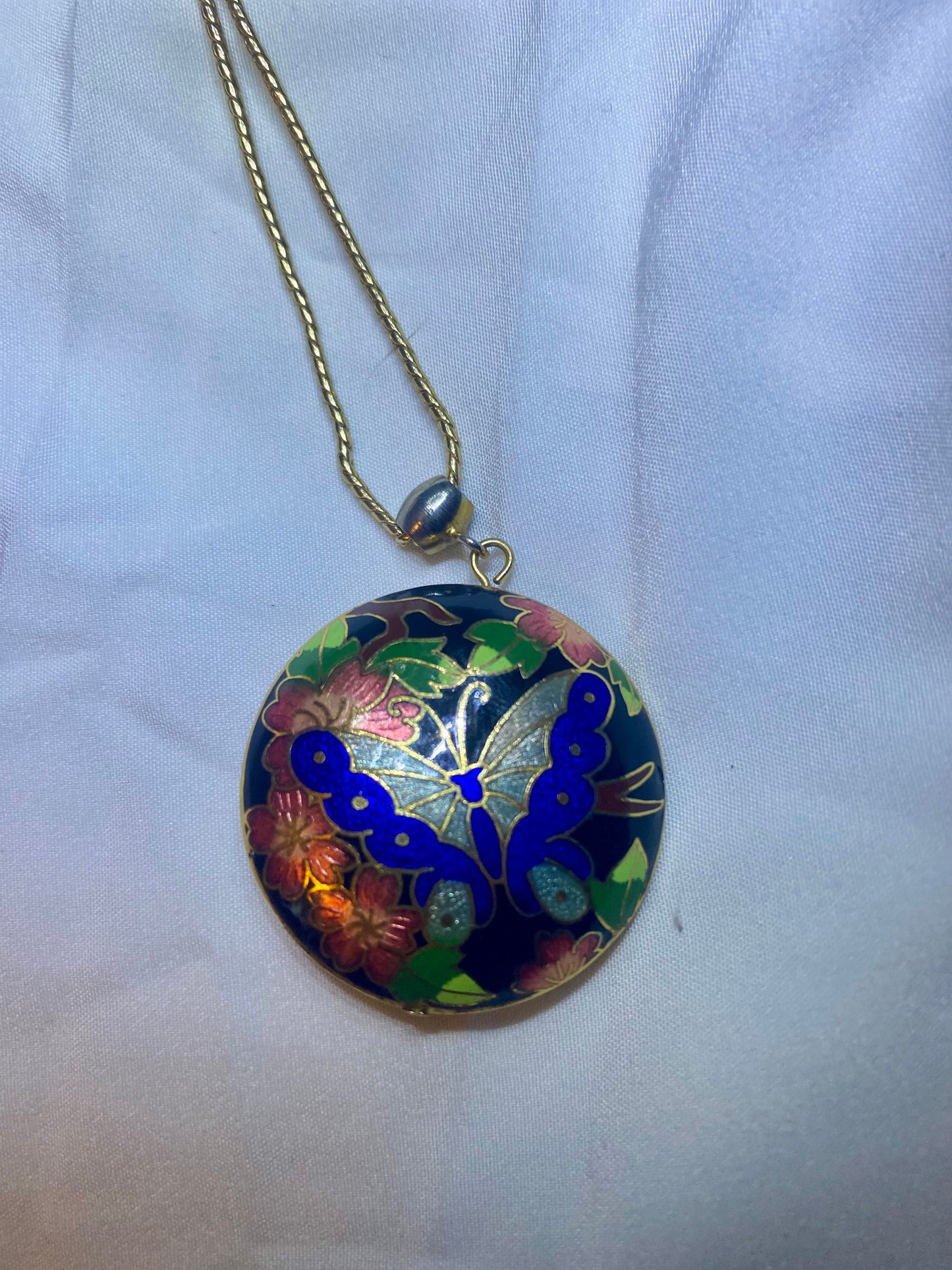 Vintage Gold Tone & Blue Cloisonné Enamel Butterfly & Flower Domed Large Statement Necklace
