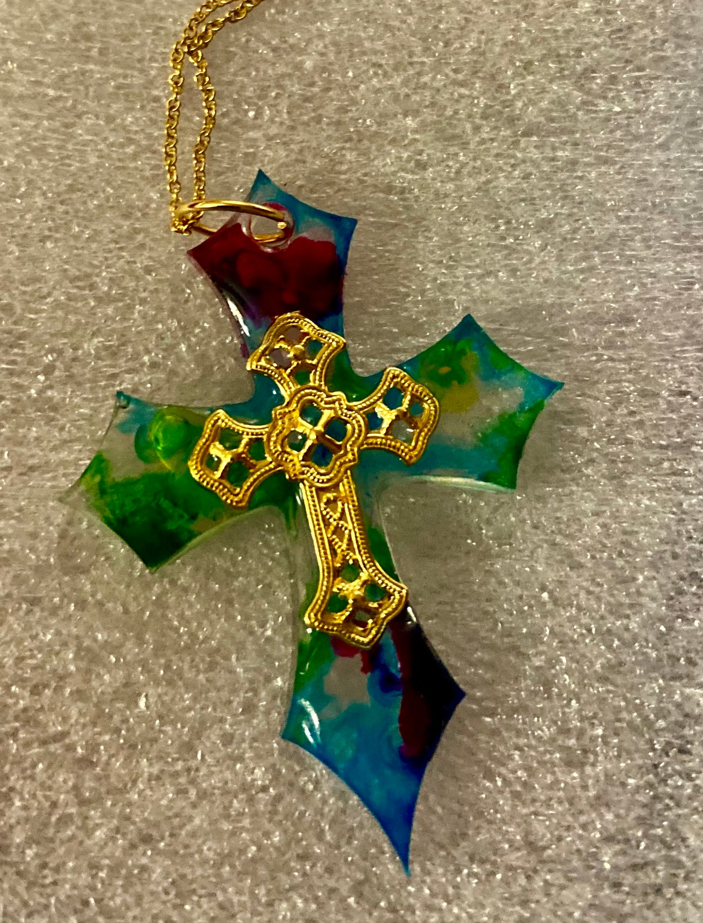 Handmade Resin Cross Necklace w/Gold inlay & chain