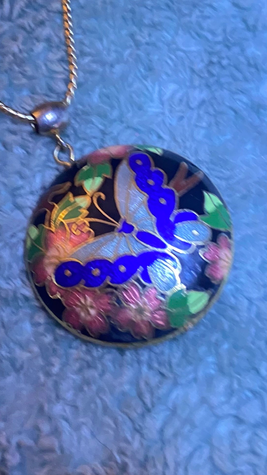 Vintage Gold Tone & Blue Cloisonné Enamel Butterfly & Flower Domed Large Statement Necklace