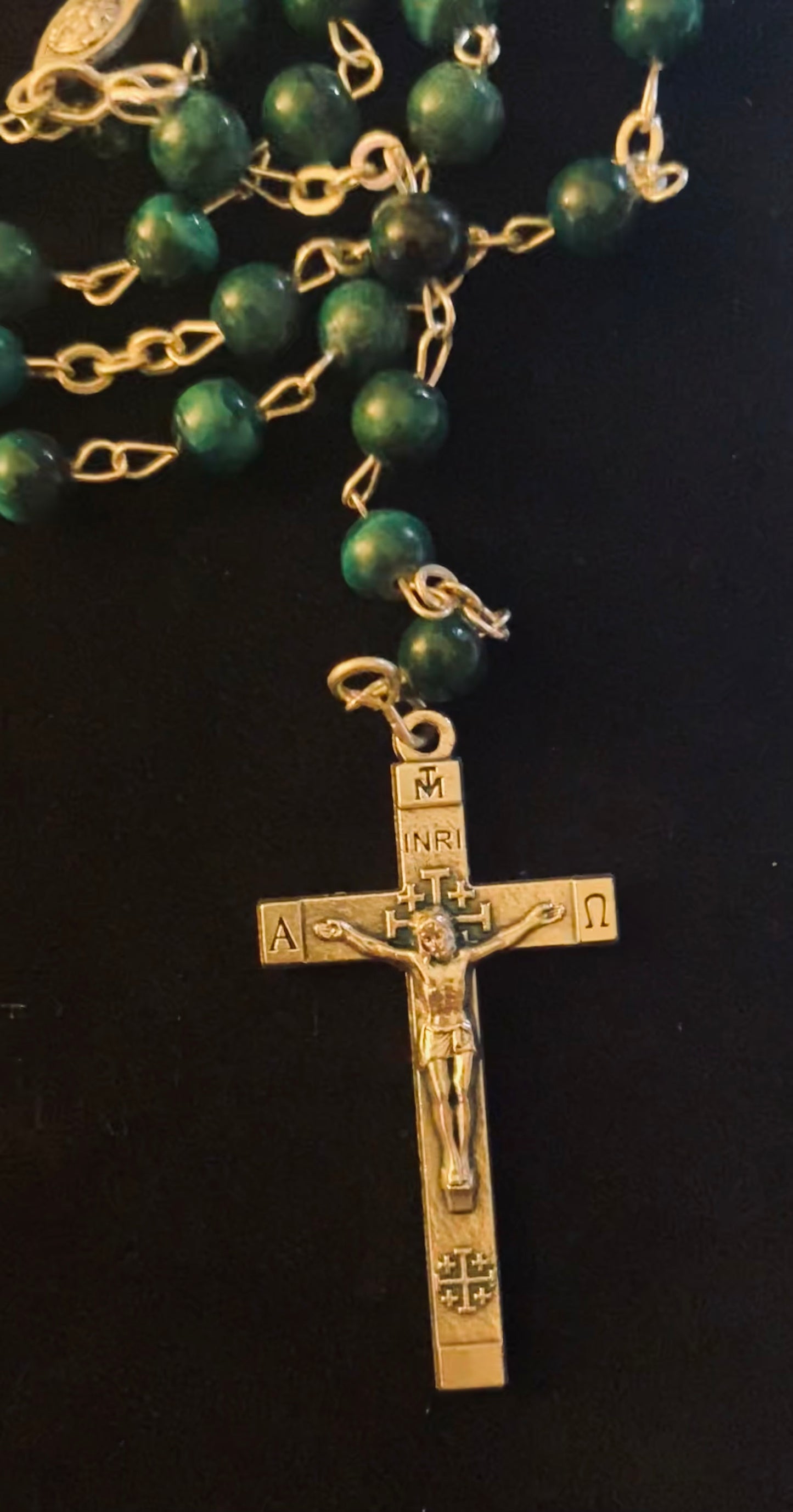 Vintage Sterling Silver, Malachite Jerusalem Rosary Necklace