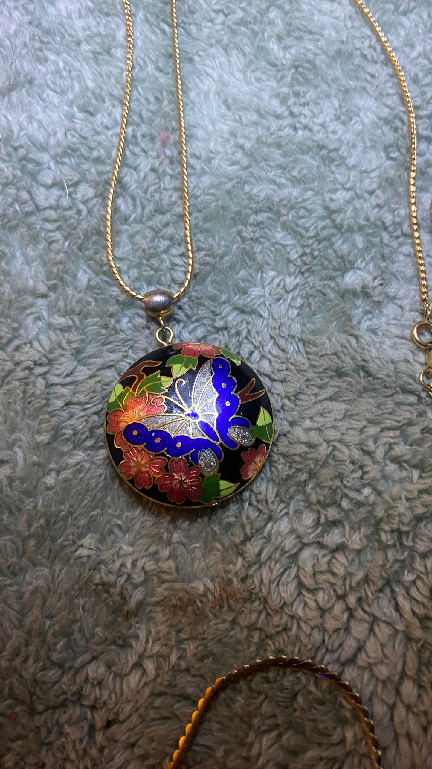 Vintage Gold Tone & Blue Cloisonné Enamel Butterfly & Flower Domed Large Statement Necklace