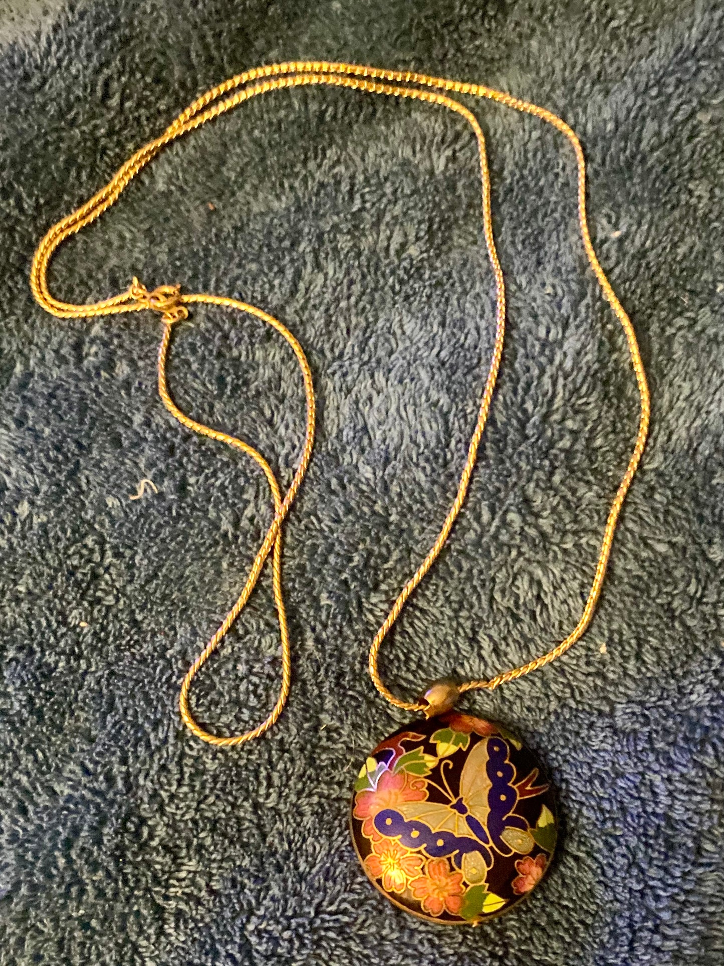 Vintage Gold Tone & Blue Cloisonné Enamel Butterfly & Flower Domed Large Statement Necklace