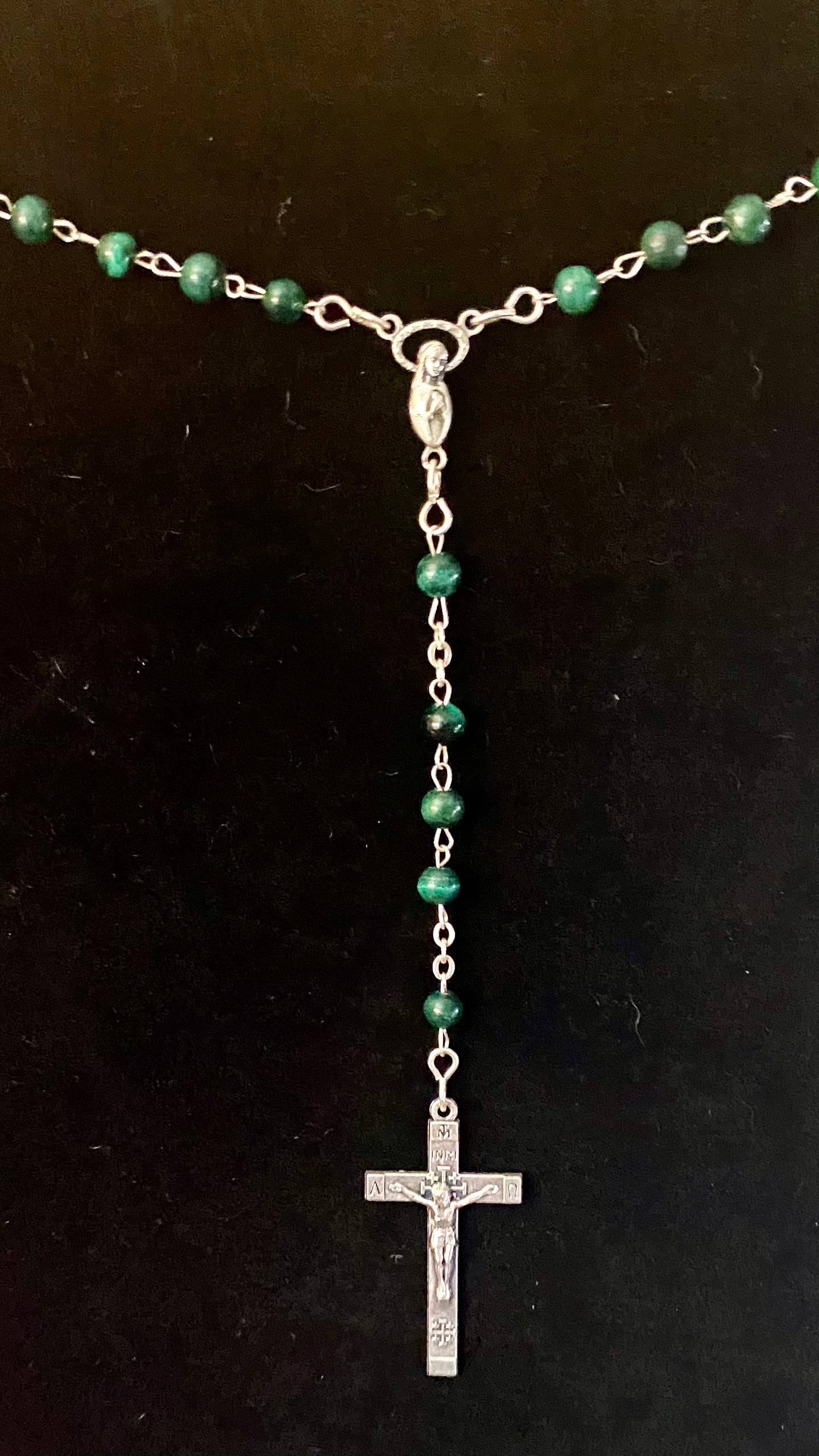 Vintage Sterling Silver, Malachite Jerusalem Rosary Necklace
