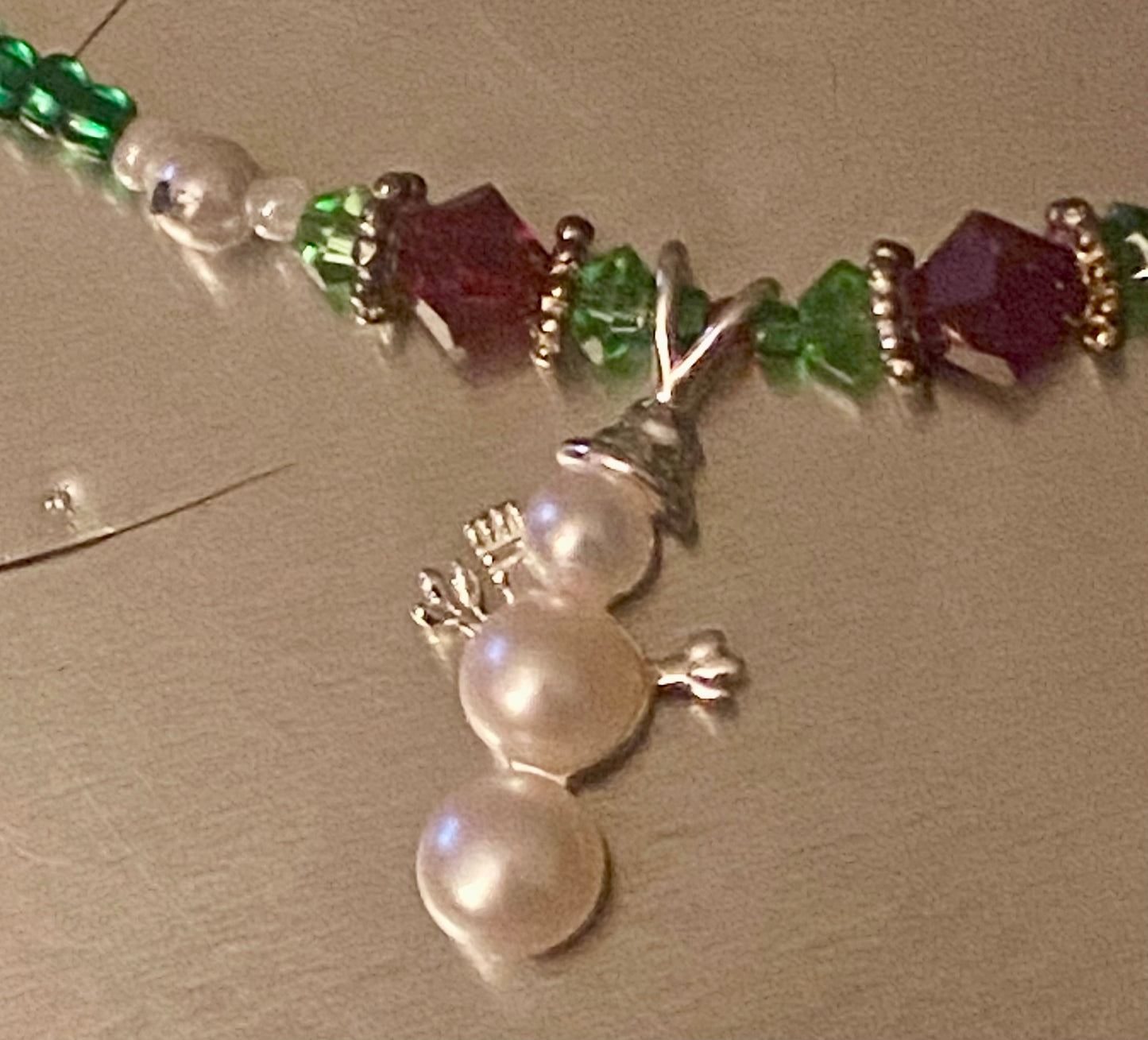 Snowman made of (3) Cultured Pearls, Sterling Silver (925), and Crystal Christmas Beads.