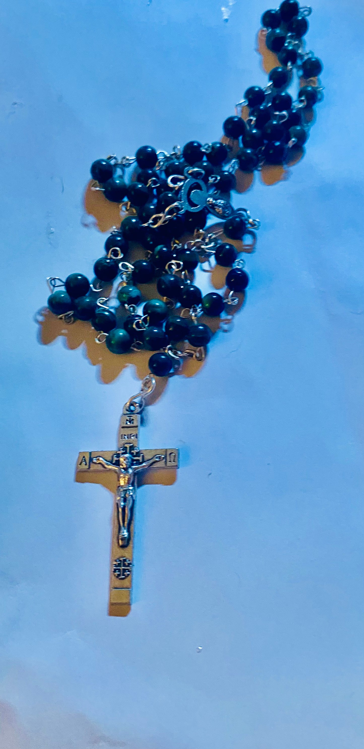 Vintage Sterling Silver, Malachite Jerusalem Rosary Necklace