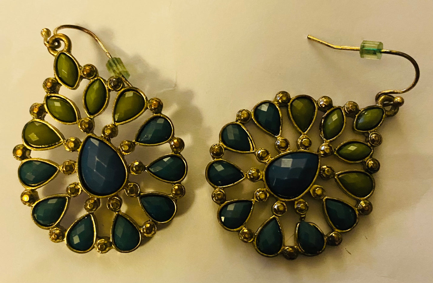 Blue & Green beaded teardrop wire earrings.