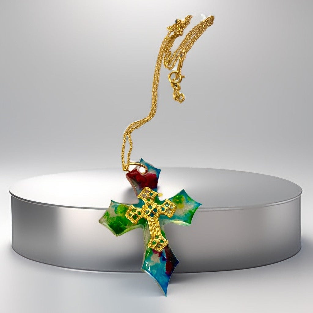 Handmade Resin Cross Necklace w/Gold inlay & chain