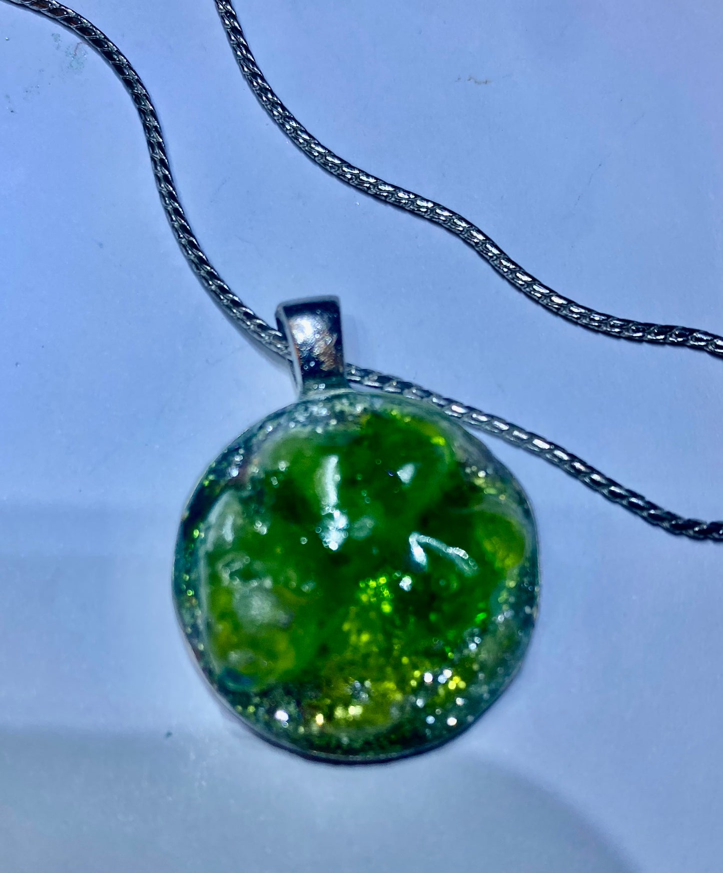 ‘Green Jolly Rancher’ Resin Pendant with Silver Plated Chain
