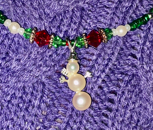 Snowman made of (3) Cultured Pearls, Sterling Silver (925), and Crystal Christmas Beads.