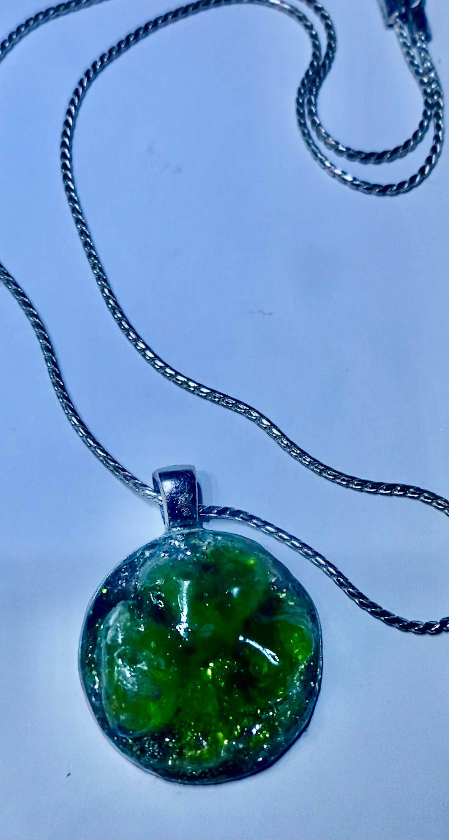 ‘Green Jolly Rancher’ Resin Pendant with Silver Plated Chain