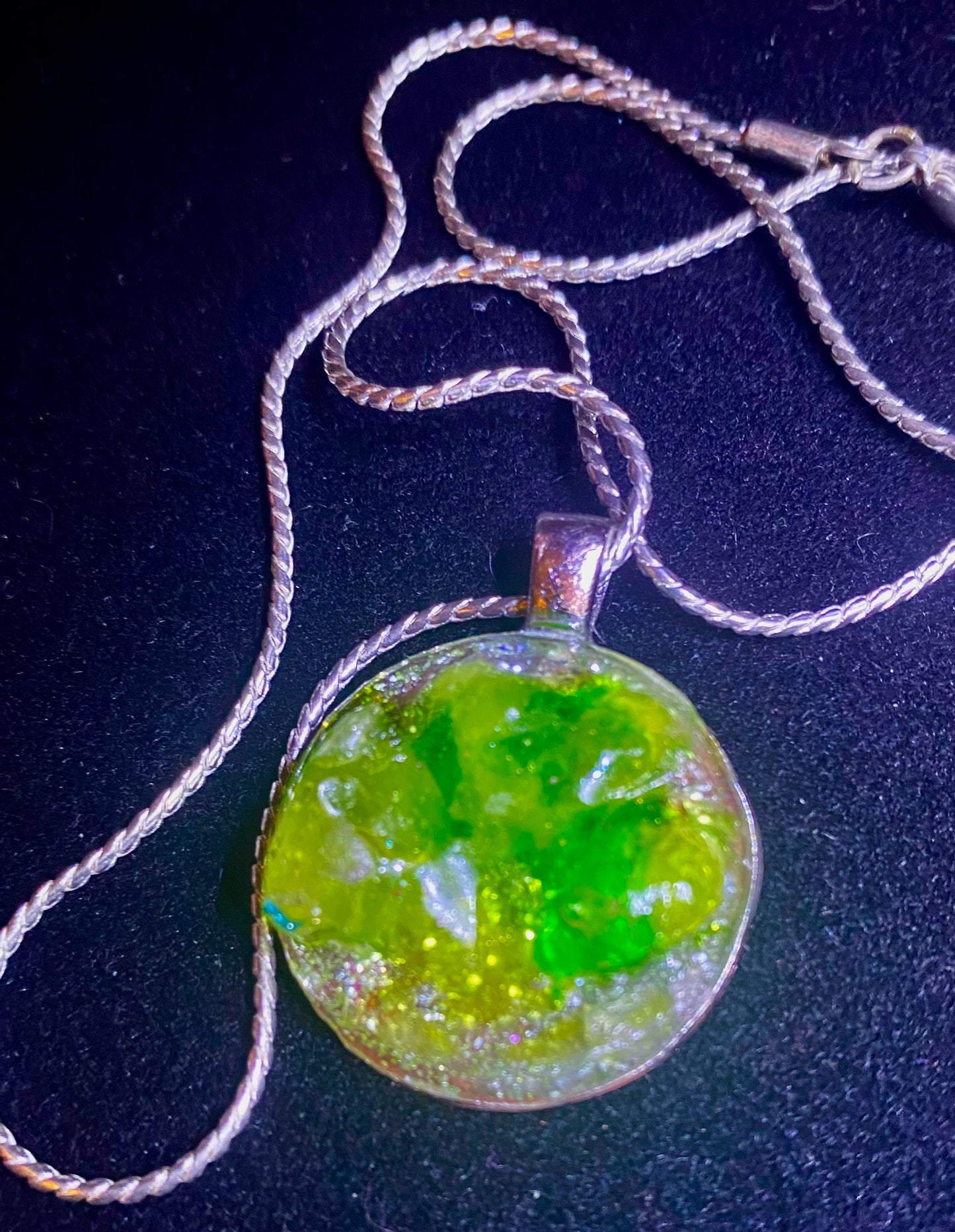 ‘Green Jolly Rancher’ Resin Pendant with Silver Plated Chain