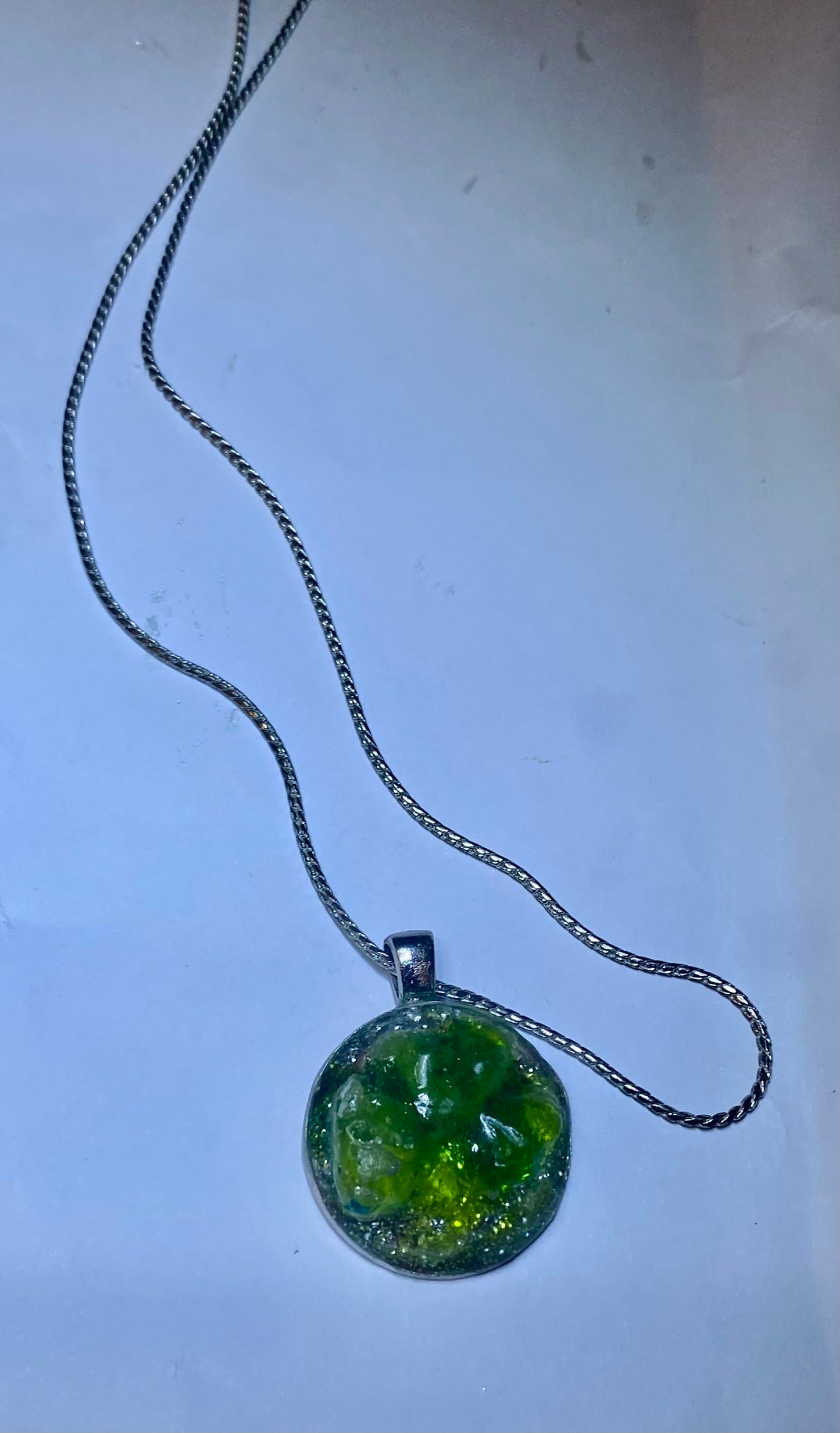 ‘Green Jolly Rancher’ Resin Pendant with Silver Plated Chain