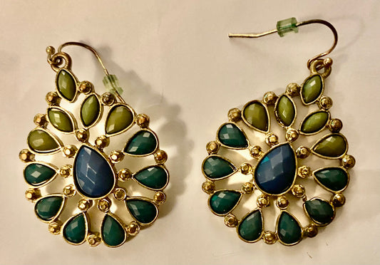 Blue & Green beaded teardrop wire earrings.