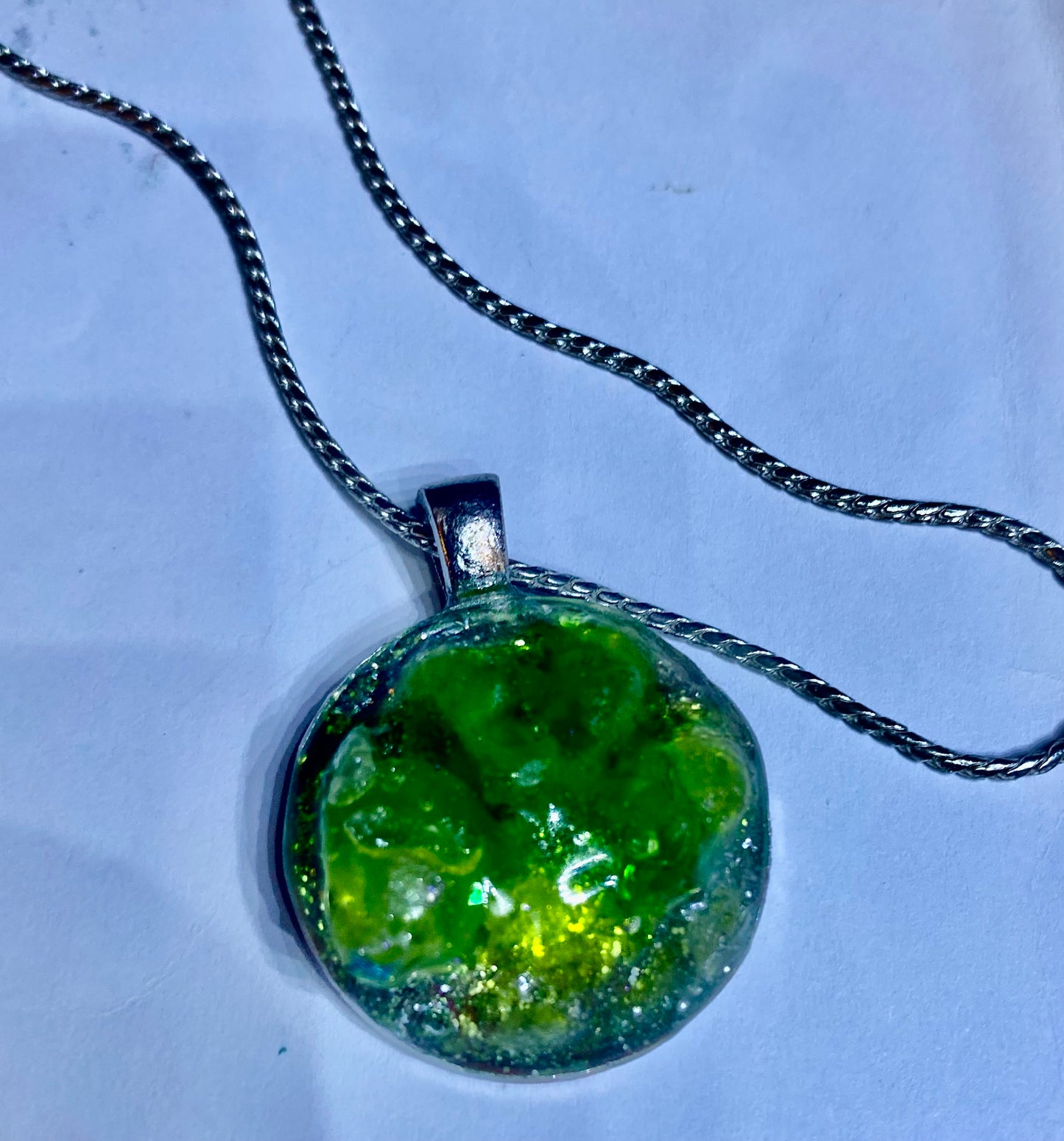 ‘Green Jolly Rancher’ Resin Pendant with Silver Plated Chain