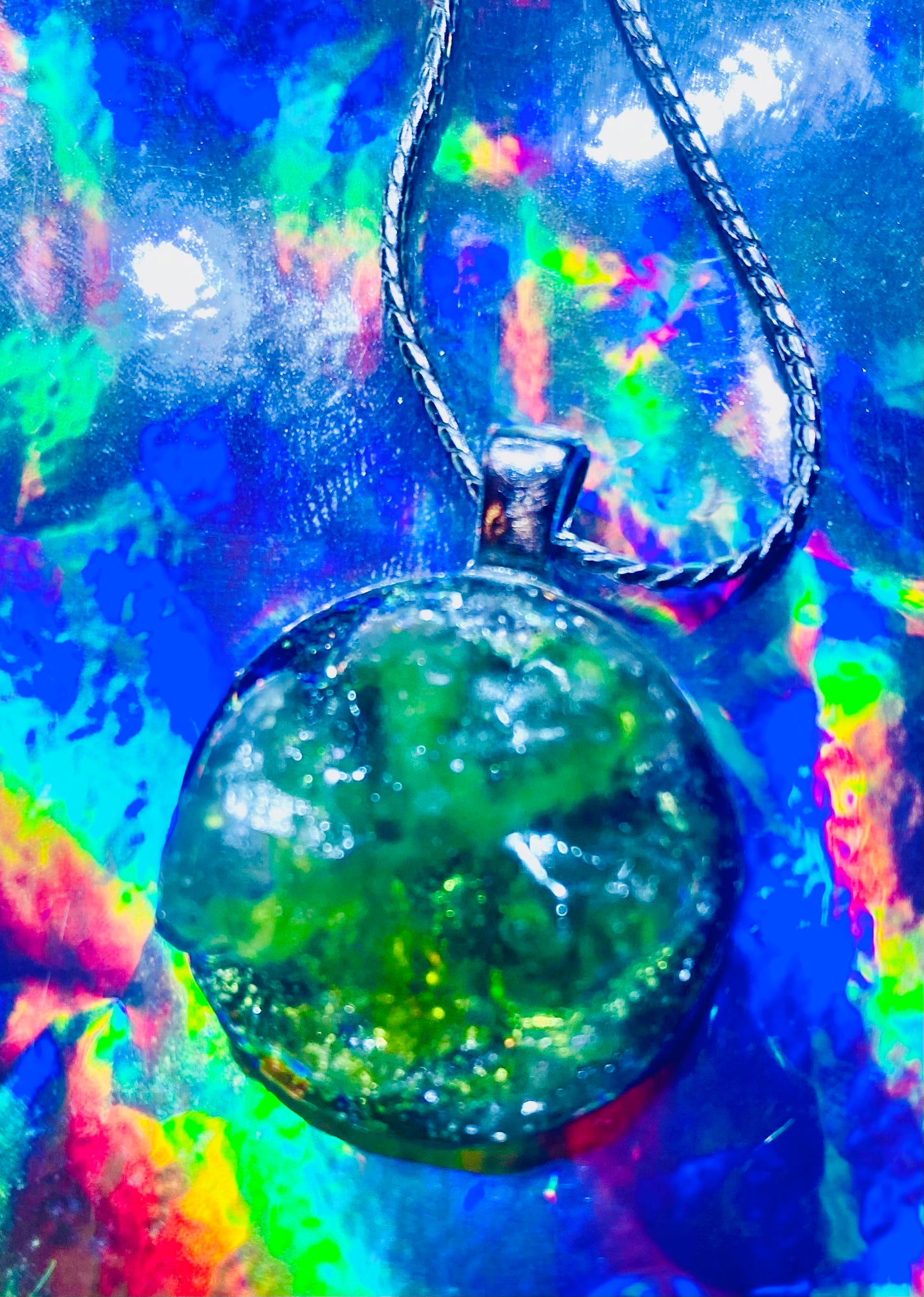 ‘Green Jolly Rancher’ Resin Pendant with Silver Plated Chain